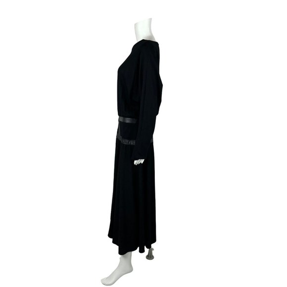 Vintage 80s Black Dress Women's Large Faux Leather Trim Waist Batwing Sleeves Bo - Picture 7 of 10